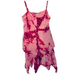 PINK & RED TIE DYE TIERED ASYMMETRICAL FAIRY LACE FAIRYCORE DRESS FREE